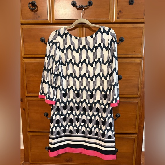 Eliza J Black and White Geometric Midi Dress with Pink Accents - Picture 1 of 2
